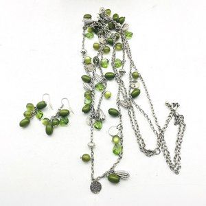 Green Beaded Station Double Strand Necklace and Pierced Earring Set Silver Tone